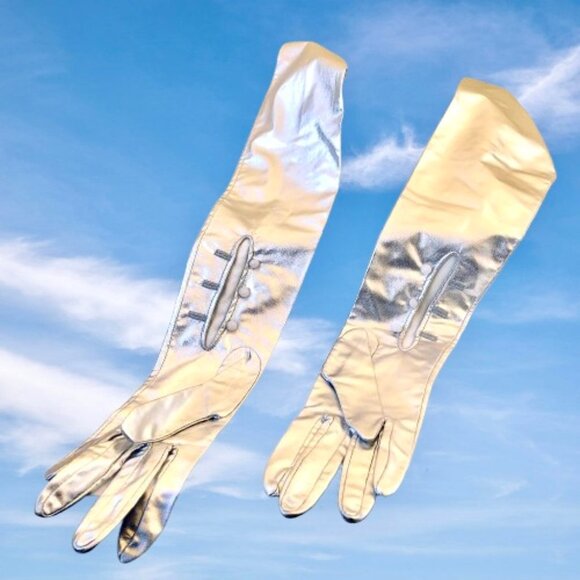 Vintage Silver Opera Gloves Metallic Long Formal Prom Evening Wearn 23" Long - Picture 4 of 13